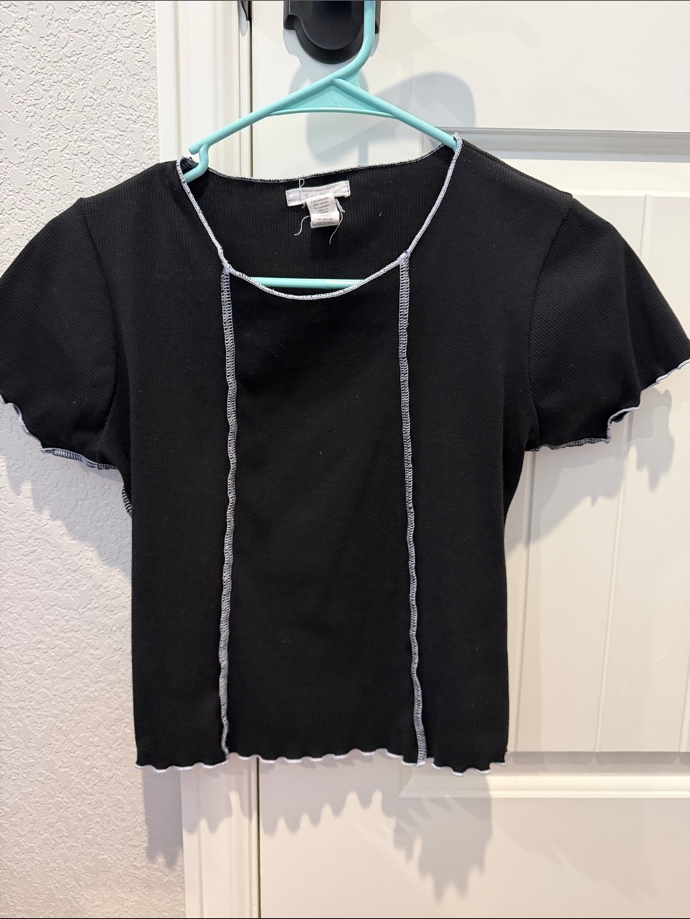 Full Tilt Black Ribbed Crop Top with Light Gray Contrast Seams